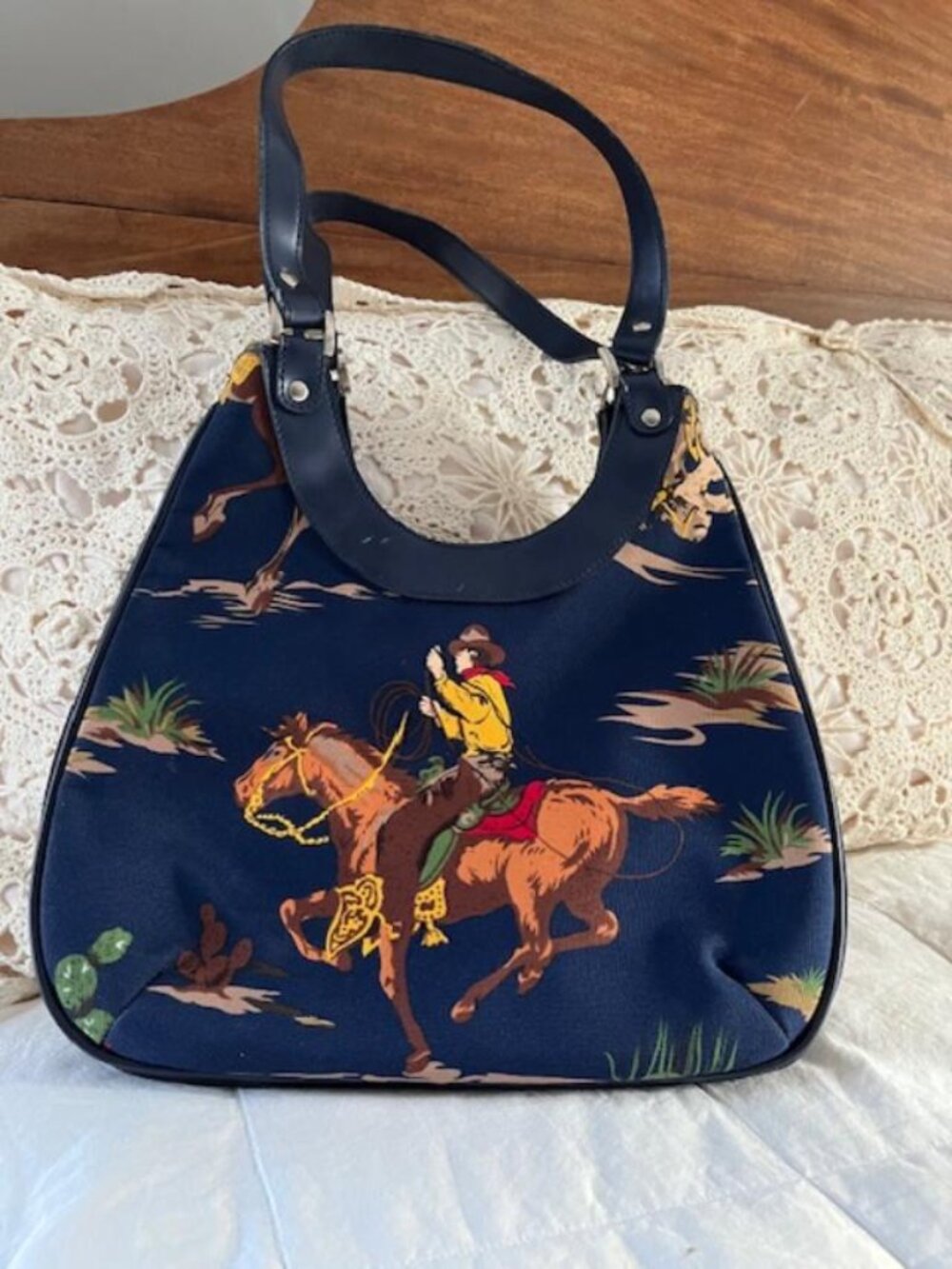 Cowboy on Horse Expandable Canvas Hand/Shoulder Bag/Interior Pocket/New Vintage - Picture 2 of 5